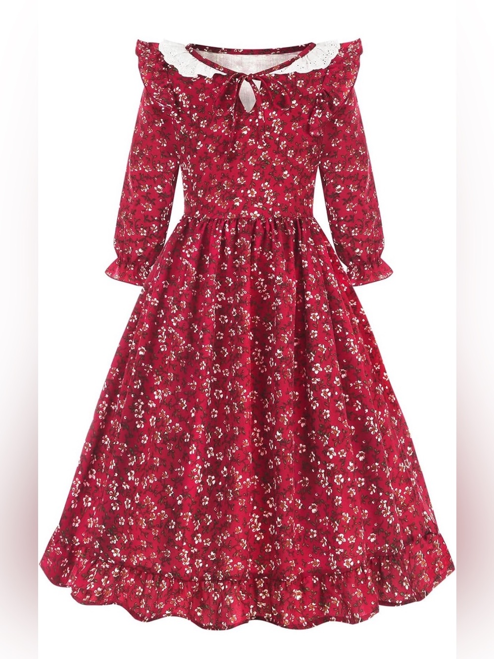 Girls Red Floral Prairie Dress with Matching Bonnet